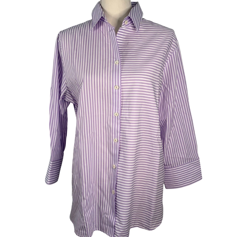 Hinson Wu Margot Shirt Lavender & White Striped Gingham Cotton 3/4 Sleeve 14 NEW